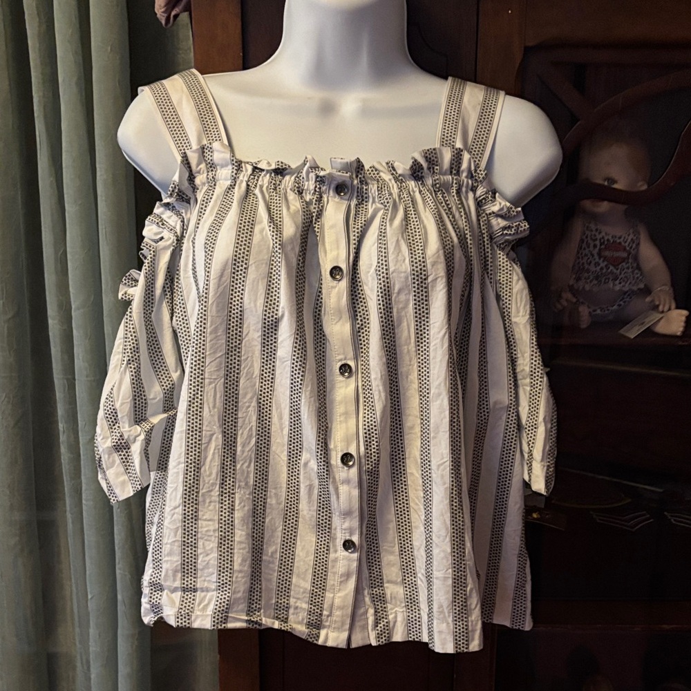 Jane and Delancey White and Black Striped Off-Shoulder Button Front Top